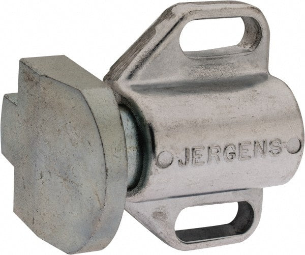 Jergens - 2" Body Width x 1-3/8" Body Len, 1/4" Stroke Len, 1-1/2" Btw Mt Hole Ctrs, Tang Square Spring Locating Stop - 32 Lb Mid End Force, 1-1/4" Stop Head Width x 1-1/2" Stop Head Height - Exact Tooling