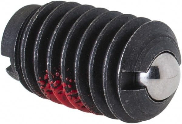 Jergens - 3/8-16, 0.187" Ball Diam, 5/8" Body Length, 0.048" Max Ball Reach, Threaded Ball Plunger - Steel Body, Stainless Steel Ball, 6 Lb Initial End Force, 21 Lb Final End Force, Locking Element - Exact Tooling