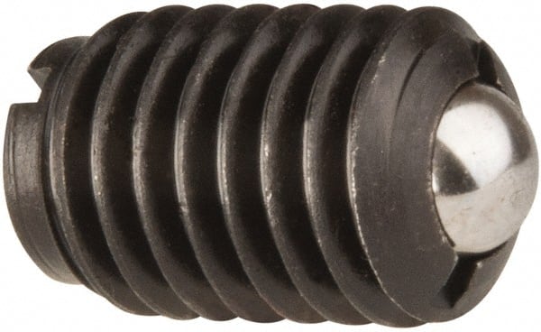 Jergens - 1/2-13, 0.281" Ball Diam, 3/4" Body Length, 0.072" Max Ball Reach, Threaded Ball Plunger - Steel Body, Stainless Steel Ball, 6 Lb Initial End Force, 30 Lb Final End Force, Locking Element - Exact Tooling