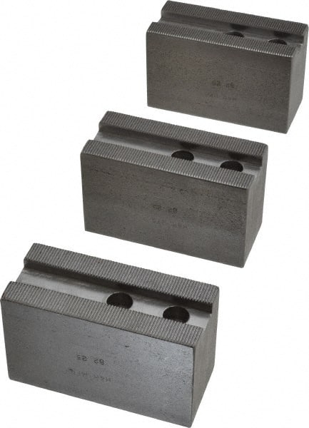 H & R Manufacturing - 1.5mm x 60° Serrated Attachment, Square Soft Lathe Chuck Jaw - 3 Jaws, Steel, 1.181" Btw Mount Hole Ctrs, 4" Long x 1-3/4" Wide x 2-1/2" High, 0.63" Groove, 12mm Fastener - Exact Tooling