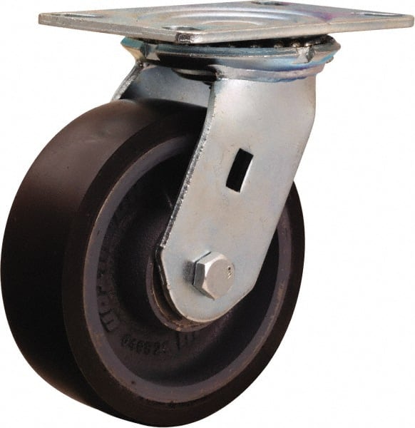 Hamilton - 6" Diam x 2" Wide x 7-1/2" OAH Top Plate Mount Swivel Caster - Polyurethane Mold onto Cast Iron Center, 1,500 Lb Capacity, Sealed Precision Ball Bearing, 4-1/2 x 6-1/4" Plate - Exact Tooling