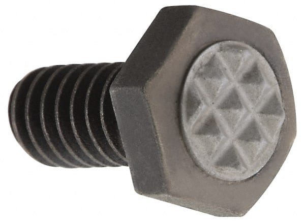 Fairlane - Serrated Tooth, 1/4-20, 1/2" Shank Length, 1/2" Thread Length, Black Oxide Finish, Hex Head, Adjustable Positioning Gripper - 5/16" Pad Diam, 7/16" Hex, 13/64" Head Height, Extra Fine Tooth Grade - Exact Tooling