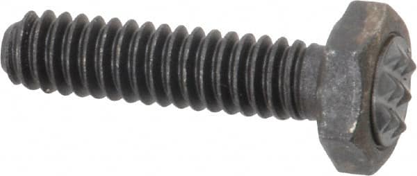 Fairlane - Serrated Tooth, 1/4-20, 1" Shank Length, 7/8" Thread Length, Black Oxide Finish, Hex Head, Adjustable Positioning Gripper - 5/16" Pad Diam, 7/16" Hex, 13/64" Head Height, Extra Fine Tooth Grade - Exact Tooling