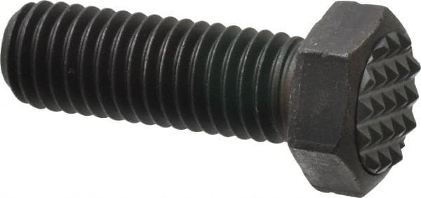 Fairlane - Serrated Tooth, 1/2-13, 1-1/2" Shank Length, 1-1/2" Thread Length, Black Oxide Finish, Hex Head, Adjustable Positioning Gripper - 5/8" Pad Diam, 3/4" Hex, 23/64" Head Height, Fine Tooth Grade - Exact Tooling