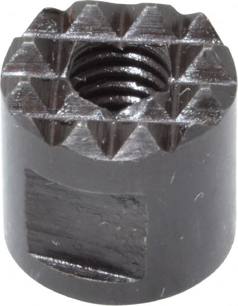 Fairlane - 10-32 Thread, 3/8" Diam, 3/8" High, Threaded, Extra Fine Tooth Grade Diamond Serration Tooth Pattern, High Speed Steel, Round Positioning Gripper - 3/16" Flat Width, Black Oxide Coated - Exact Tooling