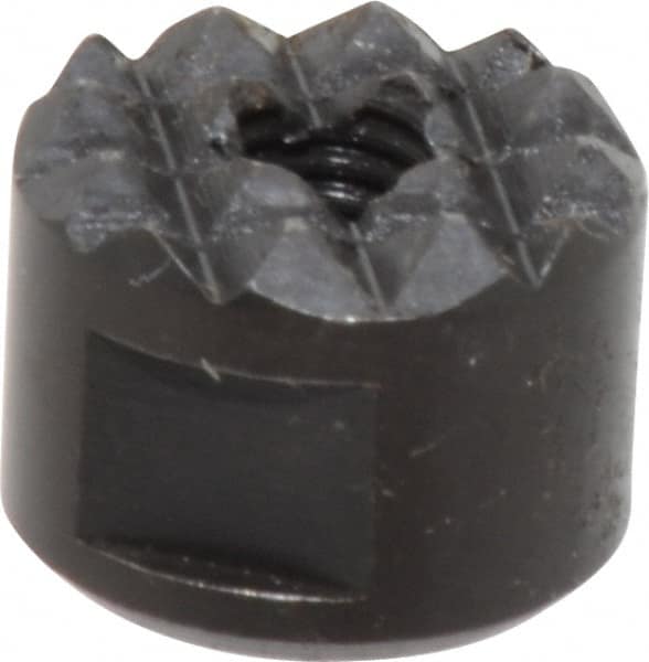 Fairlane - 10-32 Thread, 1/2" Diam, 3/8" High, Threaded, Fine Tooth Grade Diamond Serration Tooth Pattern, High Speed Steel, Round Positioning Gripper - 3/16" Flat Width, Black Oxide Coated - Exact Tooling