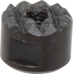 Fairlane - 10-32 Thread, 1/2" Diam, 3/8" High, Threaded, Fine Tooth Grade Diamond Serration Tooth Pattern, High Speed Steel, Round Positioning Gripper - 3/16" Flat Width, Black Oxide Coated - Exact Tooling