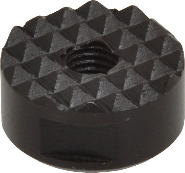 Fairlane - 1/4-28 Thread, 3/4" Diam, 3/8" High, Threaded, Fine Tooth Grade Diamond Serration Tooth Pattern, High Speed Steel, Round Positioning Gripper - 3/16" Flat Width, Black Oxide Coated - Exact Tooling