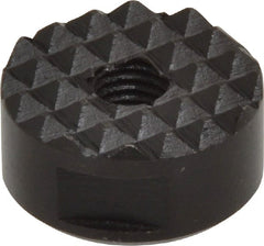 Fairlane - 1/4-28 Thread, 3/4" Diam, 3/8" High, Threaded, Fine Tooth Grade Diamond Serration Tooth Pattern, High Speed Steel, Round Positioning Gripper - 3/16" Flat Width, Black Oxide Coated - Exact Tooling