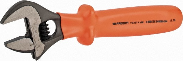 Facom - 1-3/8" Jaw Capacity, 12" Insulated Adjustable Wrench - Steel, Polished Finish - Exact Tooling