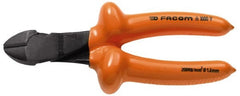 Facom - 7-9/32" OAL, 1.8mm Capacity, 25/32" Jaw Length x 7/16" Jaw Width, Insulated Diagonal Cutter Pliers - Standard Head, Cushion Grip Handles - Exact Tooling