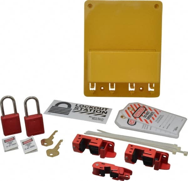 Master Lock - Equipped Polycarbonate Electrical Lockout Station - 7-3/4 Inch Wide x 9-3/4 Inch High x 2-7/8 Inch Deep, Yellow - Exact Tooling