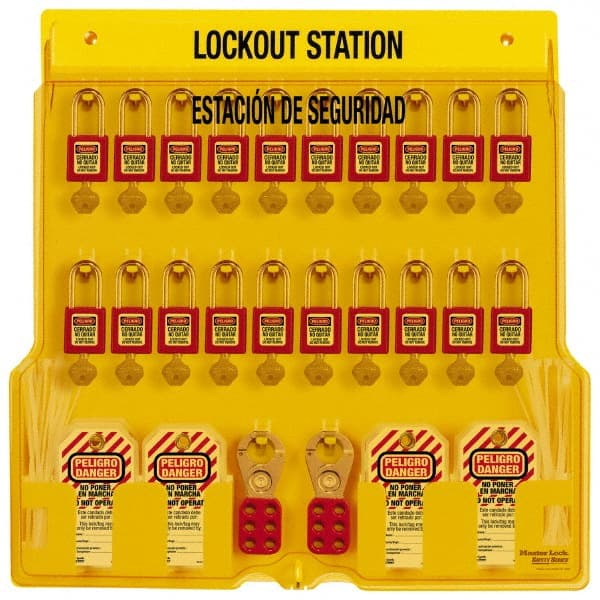 Master Lock - Equipped Polycarbonate Padlock Station - 22 Inch Wide x 22 Inch High x 1-3/4 Inch Deep, Yellow, Covered - Exact Tooling
