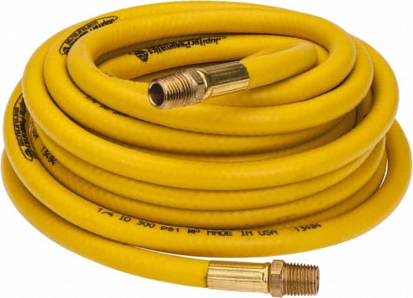 PRO-SOURCE - 1/4" ID x 15/32" OD 25' Long Multipurpose Air Hose - MNPT x MNPT Ends, 300 Working psi, 23 to 150°F, 1/4" Fitting, Yellow - Exact Tooling