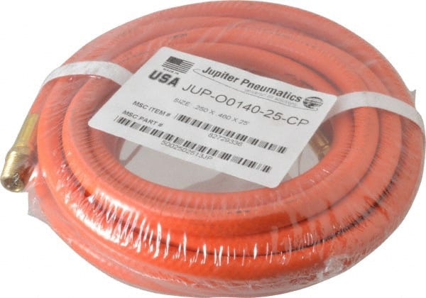 PRO-SOURCE - 1/4" ID x 15/32" OD 25' Long Multipurpose Air Hose - MNPT x MNPT Ends, 300 Working psi, 23 to 150°F, 1/4" Fitting, Orange - Exact Tooling
