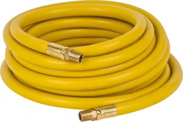 PRO-SOURCE - 3/8" ID x 19/32" OD 25' Long Multipurpose Air Hose - MNPT x MNPT Ends, 300 Working psi, 23 to 150°F, 1/4" Fitting, Yellow - Exact Tooling