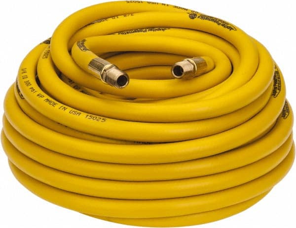 PRO-SOURCE - 3/8" ID x 19/32" OD 50' Long Multipurpose Air Hose - MNPT x MNPT Ends, 300 Working psi, 23 to 150°F, 1/4" Fitting, Yellow - Exact Tooling