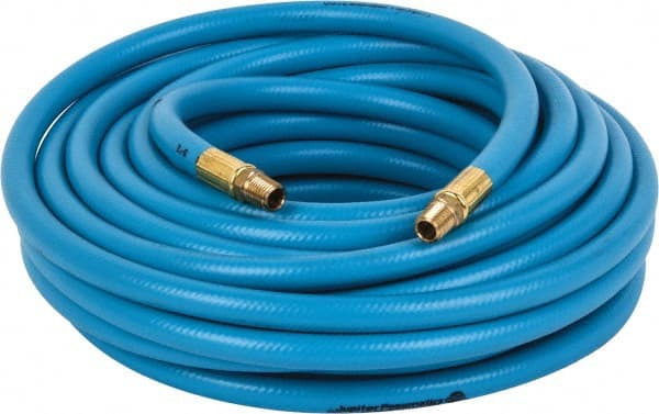 PRO-SOURCE - 3/8" ID x 19/32" OD 50' Long Multipurpose Air Hose - MNPT x MNPT Ends, 300 Working psi, 23 to 150°F, 1/4" Fitting, Blue - Exact Tooling