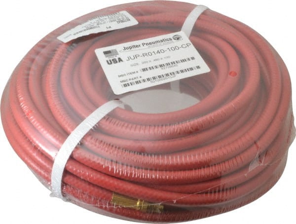 PRO-SOURCE - 1/4" ID x 15/32" OD 100' Long Multipurpose Air Hose - MNPT x MNPT Ends, 300 Working psi, 23 to 150°F, 1/4" Fitting, Red - Exact Tooling