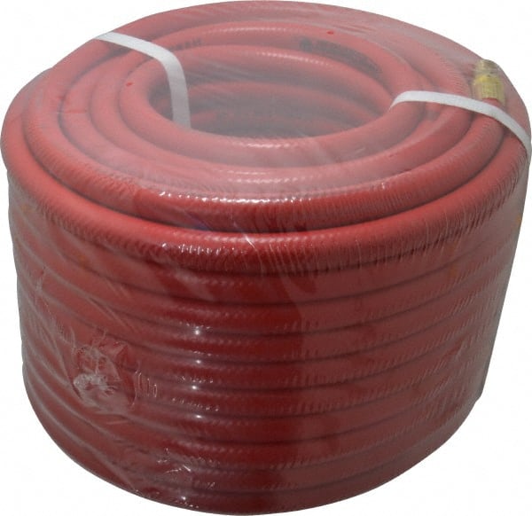 PRO-SOURCE - 3/8" ID x 19/32" OD 100' Long Multipurpose Air Hose - MNPT x MNPT Ends, 300 Working psi, 23 to 150°F, 1/4" Fitting, Red - Exact Tooling