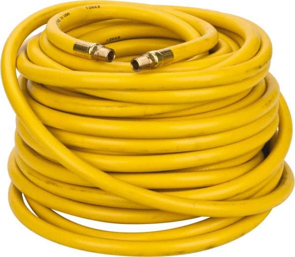 PRO-SOURCE - 3/8" ID x 19/32" OD 100' Long Multipurpose Air Hose - MNPT x MNPT Ends, 300 Working psi, 23 to 150°F, 1/4" Fitting, Yellow - Exact Tooling