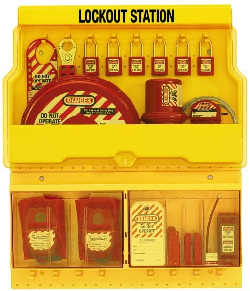 Master Lock - 28 Piece, Equipped Polycarbonate Electrical and Valve Lockout Station - 23-1/2 Inch Wide x 27 Inch High x 4-1/8 Inch Deep, Yellow - Exact Tooling