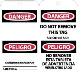 NMC - 3" High x 6" Long, DANGER - SIGNED BY___, English & Spanish Safety & Facility Accident Prevention Tag - Tag Header: Danger, 2 Sides, Black, Red & White Unrippable Vinyl - Exact Tooling