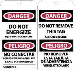 NMC - 3" High x 6" Long, DANGER - DO NOT ENERGIZE, English & Spanish Safety & Facility Accident Prevention Tag - Tag Header: Danger, 2 Sides, Black, Red & White Unrippable Vinyl - Exact Tooling
