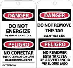 NMC - 3" High x 6" Long, DANGER - DO NOT ENERGIZE, English & Spanish Safety & Facility Accident Prevention Tag - Tag Header: Danger, 2 Sides, Black, Red & White Unrippable Vinyl - Exact Tooling