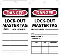 NMC - 3" High x 6" Long, DANGER - LOCKOUT MASTER TAG, English Safety & Facility Accident Prevention Tag - Tag Header: Danger, 2 Sides, Black, Red & White Unrippable Vinyl - Exact Tooling