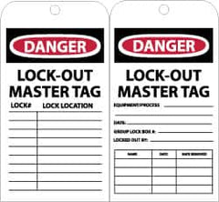 NMC - 3" High x 6" Long, DANGER - LOCKOUT MASTER TAG, English Safety & Facility Accident Prevention Tag - Tag Header: Danger, 2 Sides, Black, Red & White Unrippable Vinyl - Exact Tooling