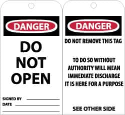 NMC - 3" High x 6" Long, DANGER - DO NOT OPEN, English Safety & Facility Accident Prevention Tag - Tag Header: Danger, 2 Sides, Black, Red & White Unrippable Vinyl - Exact Tooling