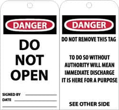 NMC - 3" High x 6" Long, DANGER - DO NOT OPEN, English Safety & Facility Accident Prevention Tag - Tag Header: Danger, 2 Sides, Black, Red & White Unrippable Vinyl - Exact Tooling