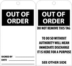 NMC - 3" High x 6" Long, OUT OF ORDER, English Safety & Facility Accident Prevention Tag - Tag Header: Danger, 2 Sides, Black & White Unrippable Vinyl - Exact Tooling