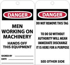 NMC - 3" High x 6" Long, DANGER - MEN WORKING ON MACHINERY - HANDS OFF THIS EQUIPMENT, English Safety & Facility Accident Prevention Tag - Tag Header: Danger, 2 Sides, Black, Red & White Unrippable Vinyl - Exact Tooling