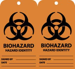 NMC - 3" High x 6" Long, BIOHAZARD - HAZARD IDENTITY, English Safety & Facility Accident Prevention Tag - Tag Header: Warning, 2 Sides, Black & Orange Unrippable Vinyl - Exact Tooling