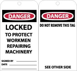 NMC - 3" High x 6" Long, DANGER - LOCKED TO PROJECT WORKMEN REPAIRING MACHINERY, English Safety & Facility Accident Prevention Tag - Tag Header: Danger, 2 Sides, Black, Red & White Unrippable Vinyl - Exact Tooling