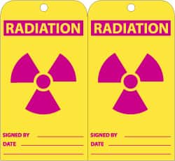 NMC - 3" High x 6" Long, RADIATION, English Safety & Facility Accident Prevention Tag - Tag Header: Warning, 2 Sides, Yellow & Red Unrippable Vinyl - Exact Tooling