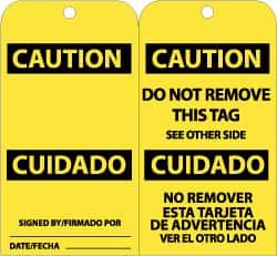 NMC - 3" High x 6" Long, CAUTION, English & Spanish Safety & Facility Accident Prevention Tag - Tag Header: CAUTION, 2 Sides, Black & Yellow Unrippable Vinyl - Exact Tooling