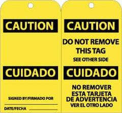 NMC - 3" High x 6" Long, CAUTION, English & Spanish Safety & Facility Accident Prevention Tag - Tag Header: CAUTION, 2 Sides, Black & Yellow Unrippable Vinyl - Exact Tooling