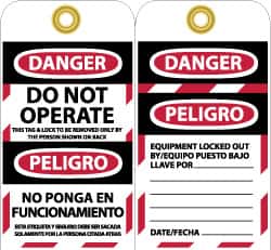 NMC - 3" High x 6" Long, DANGER - DO NOT OPERATE - THIS TAG & LOCK TO BE REMOVED ONLY BY THE PERSON SHOWN ON BACK, English & Spanish Safety & Facility Lockout Tag - Tag Header: Danger, 2 Sides, Black, Red & White Unrippable Vinyl - Exact Tooling
