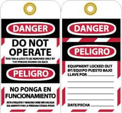 NMC - 3" High x 6" Long, DANGER - DO NOT OPERATE - EQUIPMENT TAG-OUT, English & Spanish Safety & Facility Lockout Tag - Tag Header: Danger, 2 Sides, Black, Red & White Unrippable Vinyl - Exact Tooling