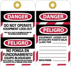 NMC - DANGER - DO NOT OPERATE - EQUIPMENT LOCK-OUT - THIS TAG & LOCK TO BE REMOVED ONLY BY THE PERSON SHOWN ON BACK, English Safety & Facility Lockout Tag - Tag Header: Danger, 2 Sides, Black, Red & White Unrippable Vinyl - Exact Tooling
