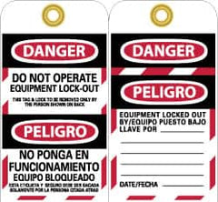 NMC - 3" High x 6" Long, DANGER - DO NOT OPERATE - EQUIPMENT LOCK-OUT - THIS TAG & LOCK TO BE REMOVED ONLY BY THE PERSON SHOWN ON BACK, English & Spanish Safety & Facility Lockout Tag - Tag Header: Danger, 2 Sides, Black, Red & White Unrippable Vinyl - Exact Tooling