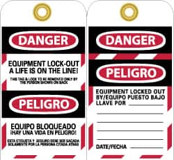 NMC - 3" High x 6" Long, DANGER - EQUIPMENT LOCK-OUT - A LIFE IS ON THE LINE! THIS TAG & LOCK TO BE REMOVED ONLY BY THE PERSON SHOWN ON BACK, Safety & Facility Lockout Tag - Tag Header: Danger, 2 Sides, Black, Red & White Unrippable Vinyl - Exact Tooling