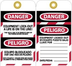 NMC - 10 Qty 1 Pack 3" High x 6" Long, DANGER - EQUIPMENT LOCK-OUT - A LIFE IS ON THE LINE! THIS TAG & LOCK TO BE REMOVED ONLY BY THE PERSON SHOWN ON BACK, English & Spanish Safety & Facility Lockout Tag - Exact Tooling