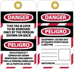 NMC - 3" High x 6" Long, DANGER - THIS TAG & LOCK TO BE REMOVED ONLY BY THE PERSON SHOWN ON BACK, English & Spanish Safety & Facility Lockout Tag - Tag Header: Danger, 2 Sides, Black, Red & White Unrippable Vinyl - Exact Tooling