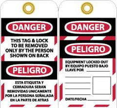 NMC - 3" High x 6" Long, DANGER - THIS TAG & LOCK TO BE REMOVED ONLY BY THE PERSON SHOWN ON BACK, English & Spanish Safety & Facility Lockout Tag - Tag Header: Danger, 2 Sides, Black, Red & White Unrippable Vinyl - Exact Tooling