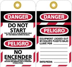 NMC - 3" High x 6" Long, DANGER - DO NOT START - THIS TAG & LOCK TO BE REMOVED ONLY BY THE PERSON SHOWN ON BACK, English & Spanish Safety & Facility Lockout Tag - Tag Header: Danger, 2 Sides, Black, Red & White Unrippable Vinyl - Exact Tooling