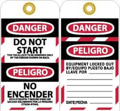 NMC - 3" High x 6" Long, DANGER - DO NOT START - THIS TAG & LOCK TO BE REMOVED ONLY BY THE PERSON SHOWN ON BACK, English & Spanish Safety & Facility Lockout Tag - Tag Header: Danger, 2 Sides, Black, Red & White Unrippable Vinyl - Exact Tooling